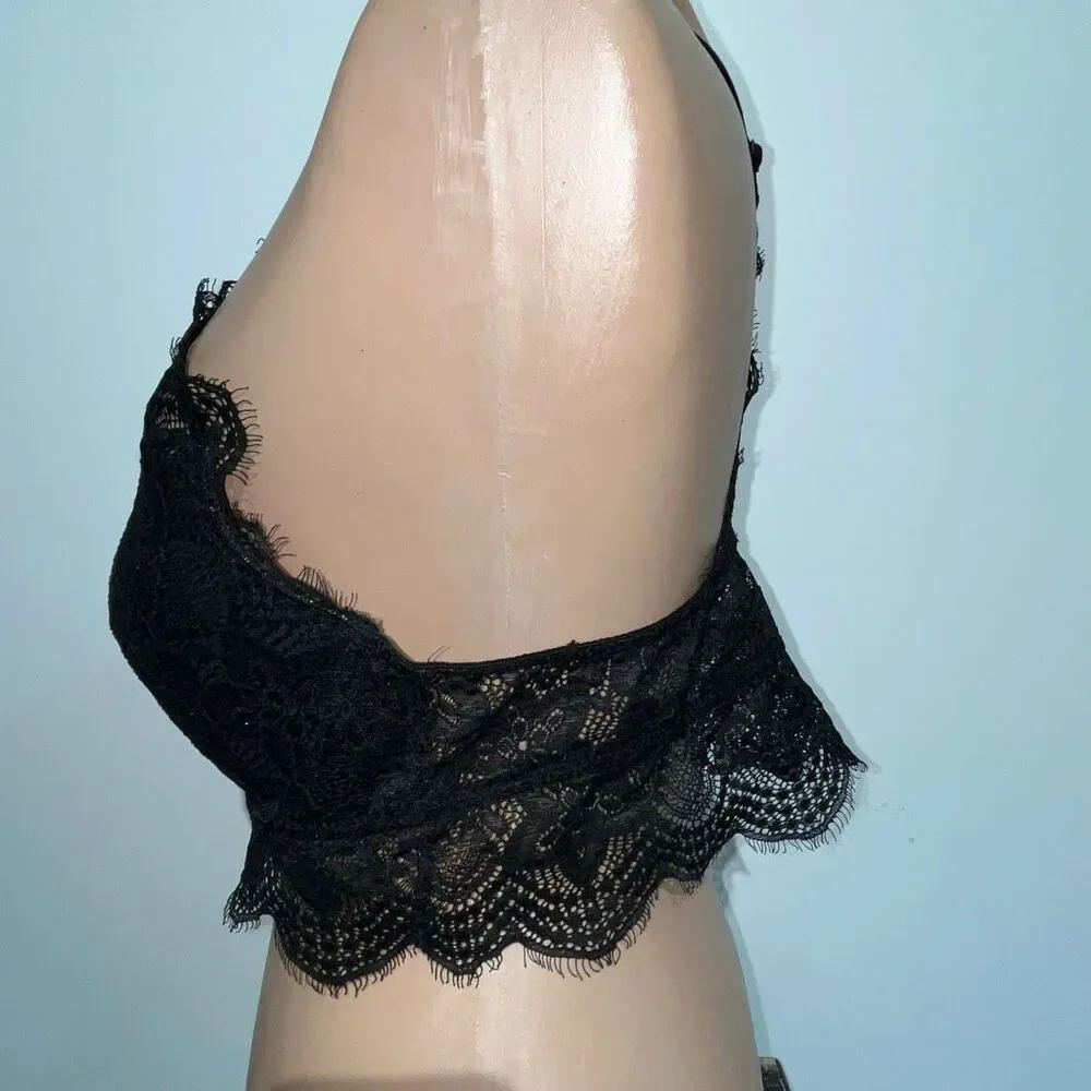 PINK Victoria's Secret Women's Black Floral Lace‎ Halter Push-up Bralette Large
